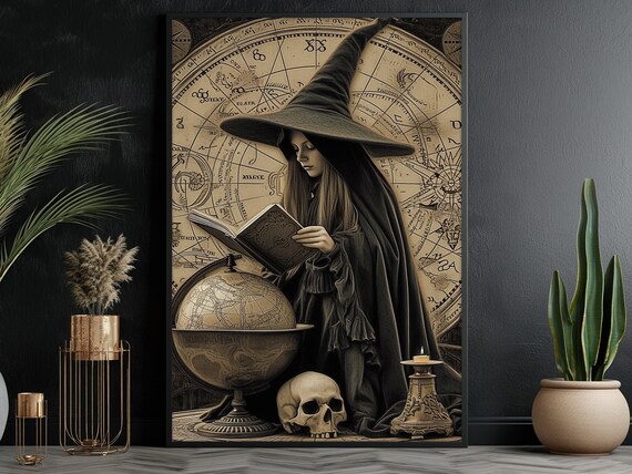 Vintage Witch Reading Spell Book With Skull Astrology Dark Art Poster