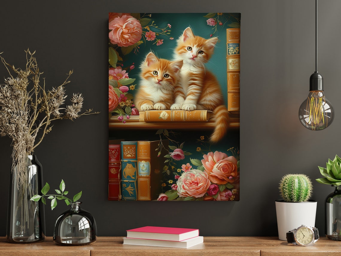 Two Orange Kittens On Bookshelf With Books And Roses Cat Wall Poster - Image 5