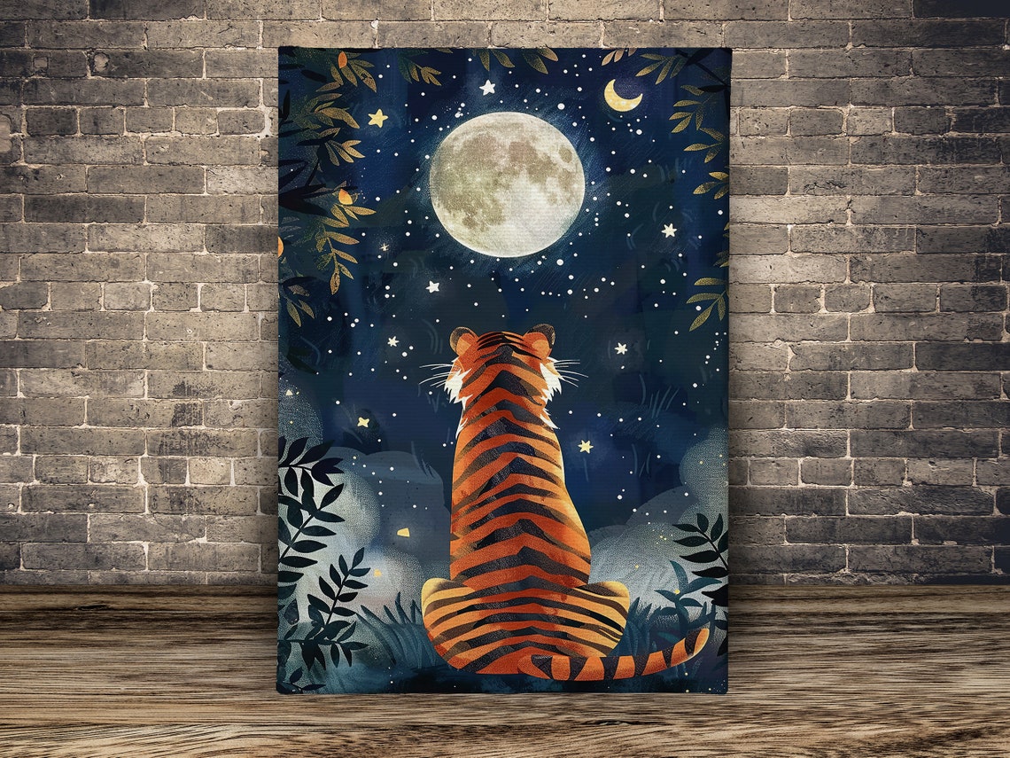 Tiger Gazing At Full Moon Starry Night Jungle Wall Art Poster - Image 2