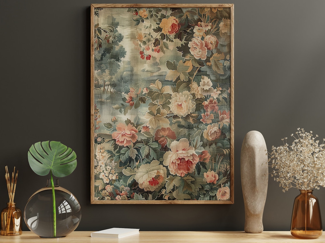 Vintage Floral Tapestry Peonies Roses Muted Sage Garden Wall Art Print