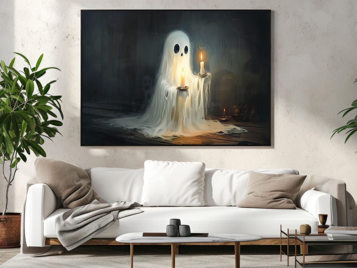 Dark Ghost Holding Two Lit Candles in Spooky Room Candlelight Poster - Image 3