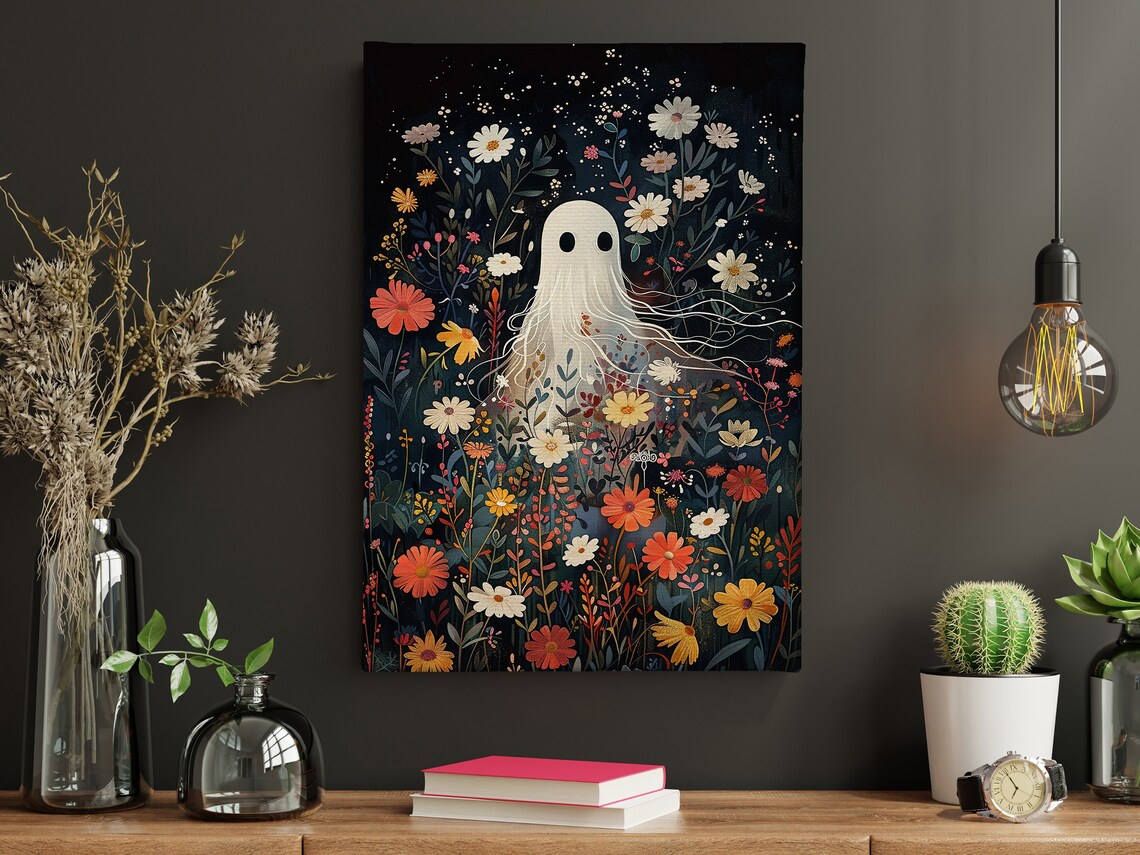 Vintage Ghost in Flowers Garden, Halloween Art Print - Image 4