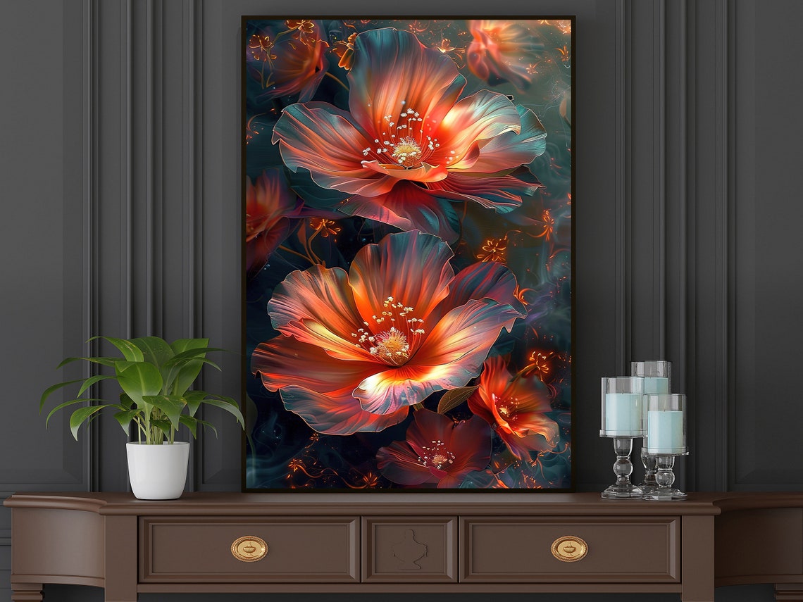Glowing Red Orange Translucent Flowers On Dark Background Art Poster - Image 5