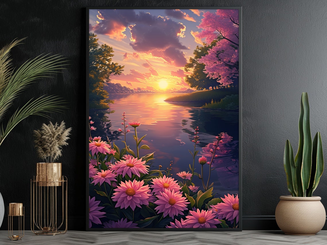Pink Daisies At Sunset Lake Purple Sky Serene Landscape Wall Poster