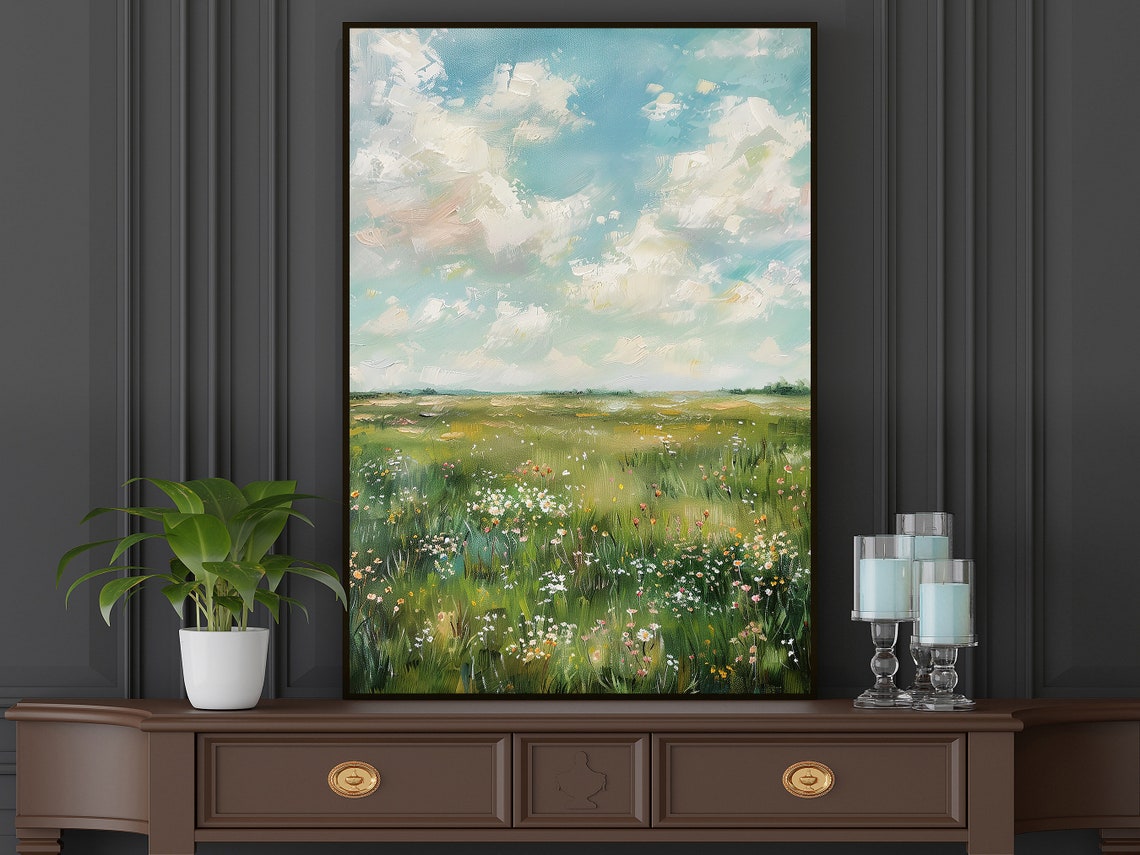 Summer Wildflower Meadow Under Big Clouds Impressionist Scenery Poster - Image 4