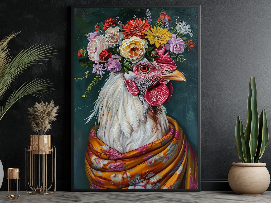 White Rooster Flower Crown Floral Shawl Farm Animal Art Poster