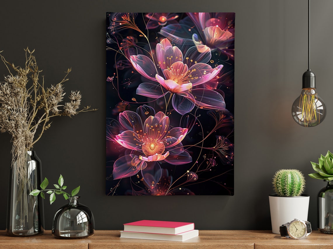 Glowing Neon Pink Purple Flowers On Black Botanical Modern Art Poster - Image 3