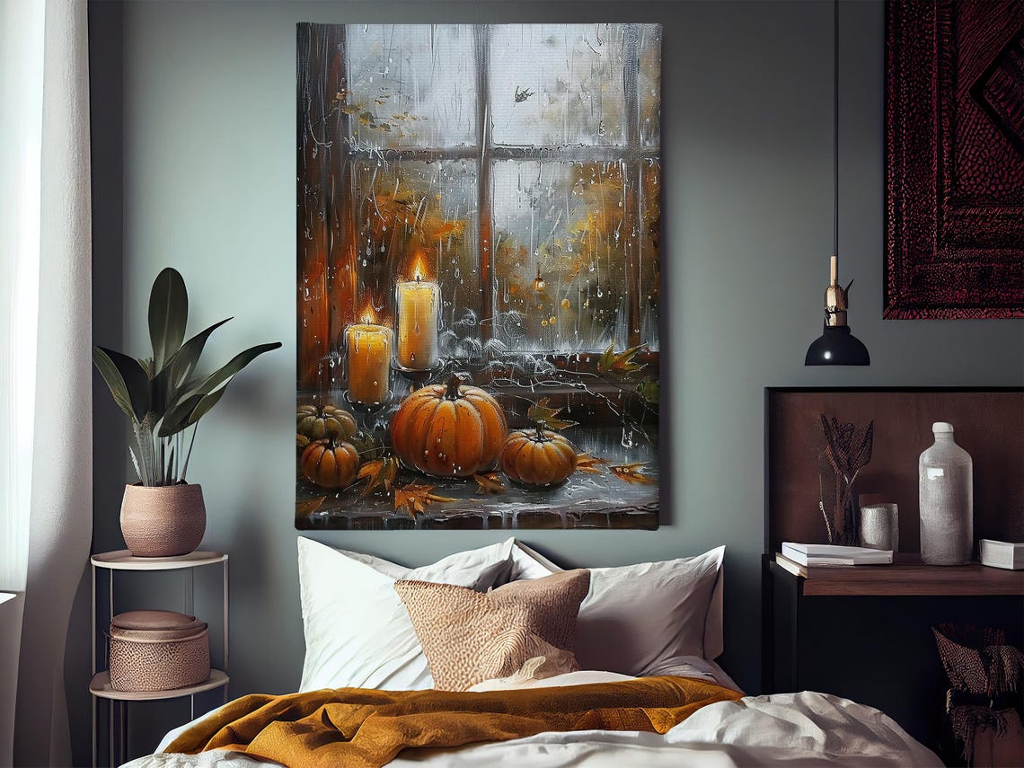 Cozy Pumpkins and Lit Candles on Rainy Autumn Window Sill Art Poster - Image 4