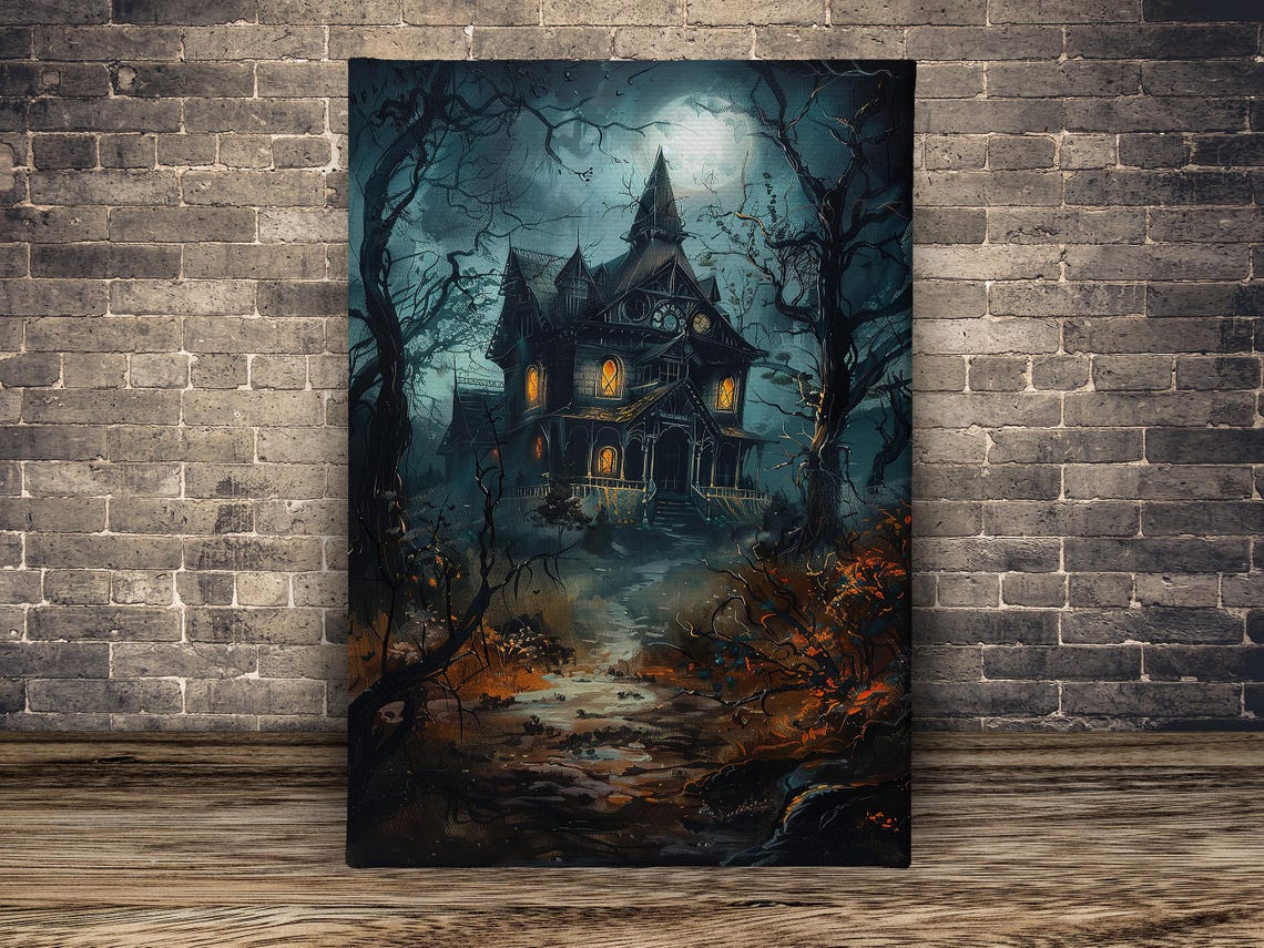 Haunted Victorian House At Night Moonlit Spooky Halloween Art Poster - Image 2
