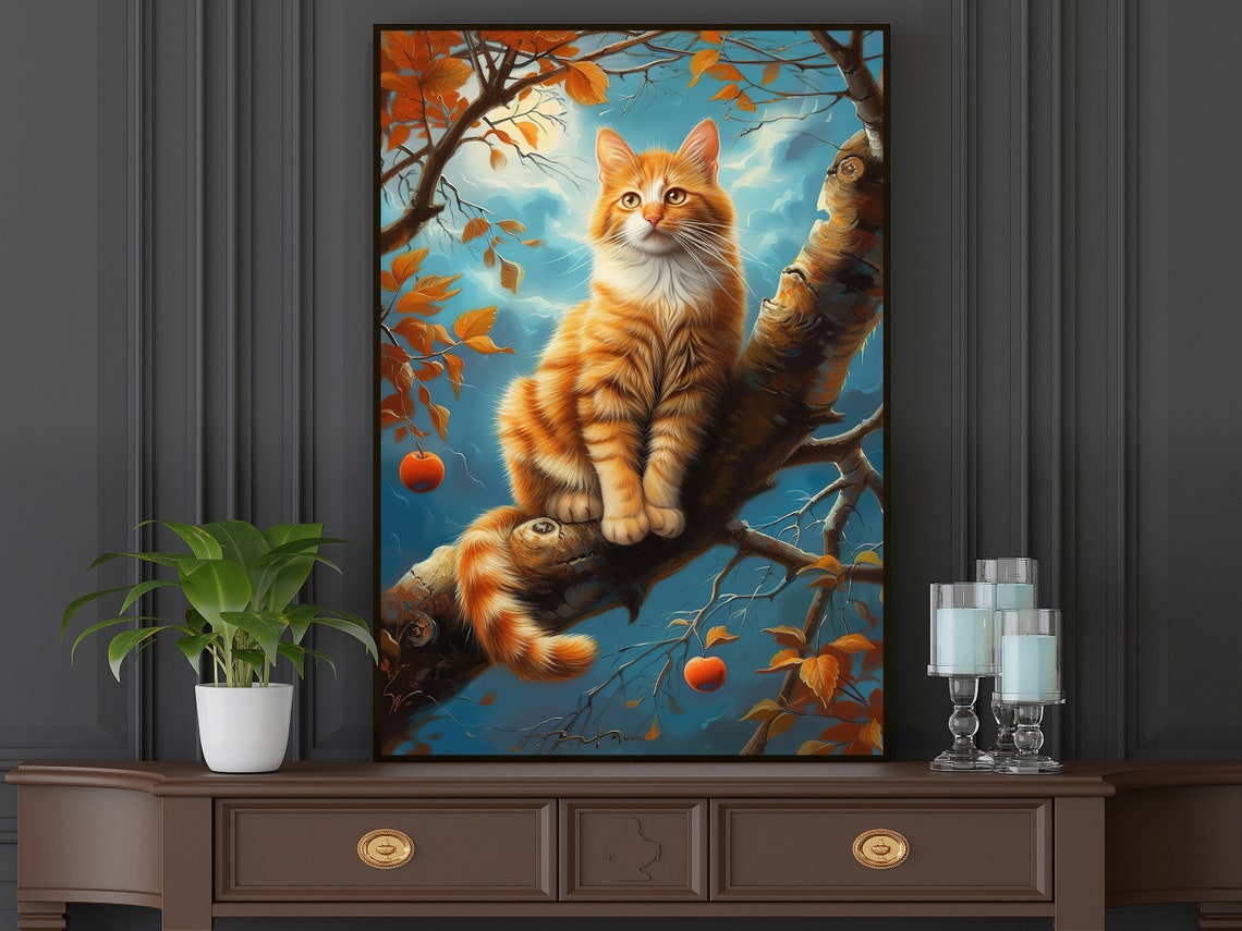 Orange Tabby Cat In Persimmon Tree Branch Autumn Sky Pet Art Poster - Image 4