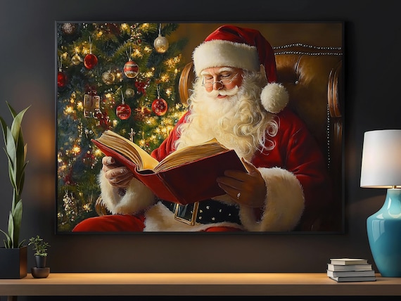 Santa Claus Reading Big Red Book Leather Chair Christmas Tree Cozy Art Poster