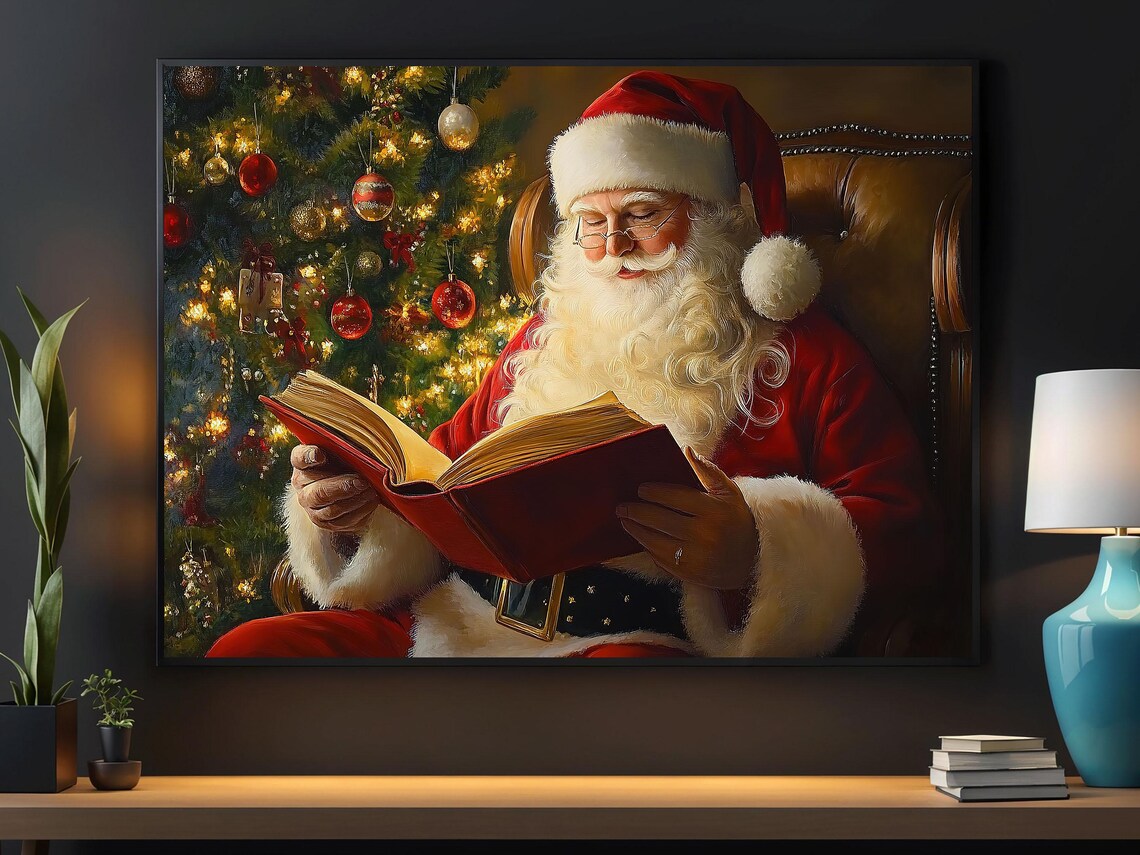Santa Claus Reading Big Red Book Leather Chair Christmas Tree Cozy Art Poster