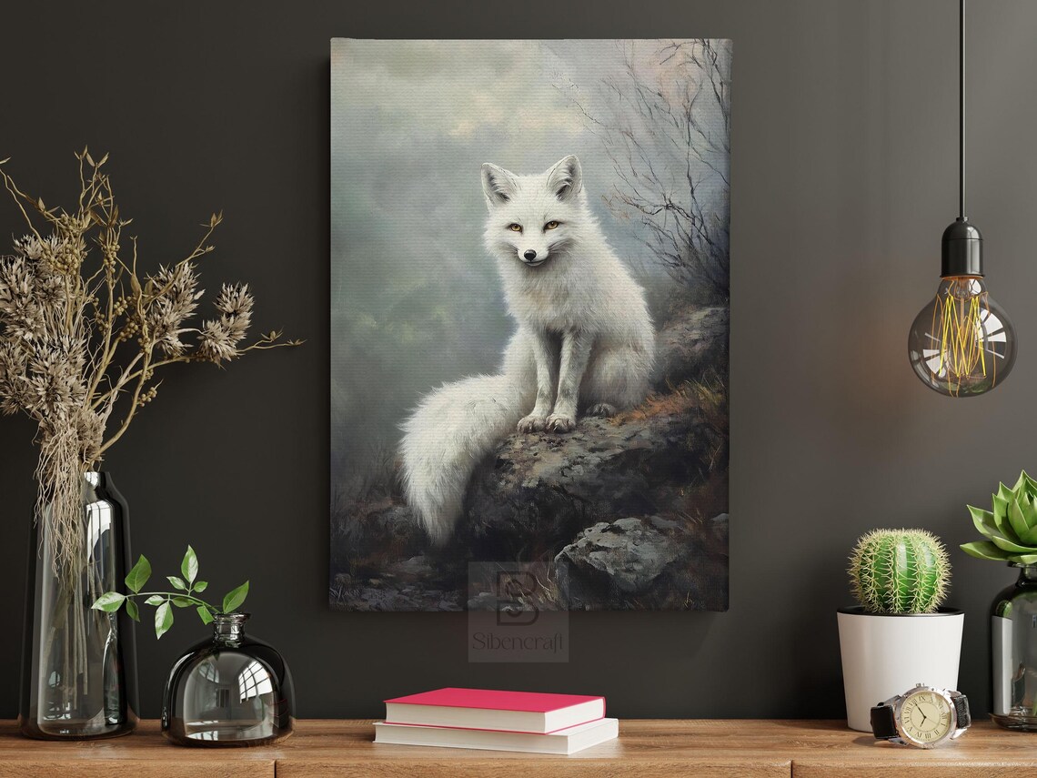 White Arctic Fox Sitting On Snowy Rocks Misty Winter Forest Wildlife Art Poster - Image 4