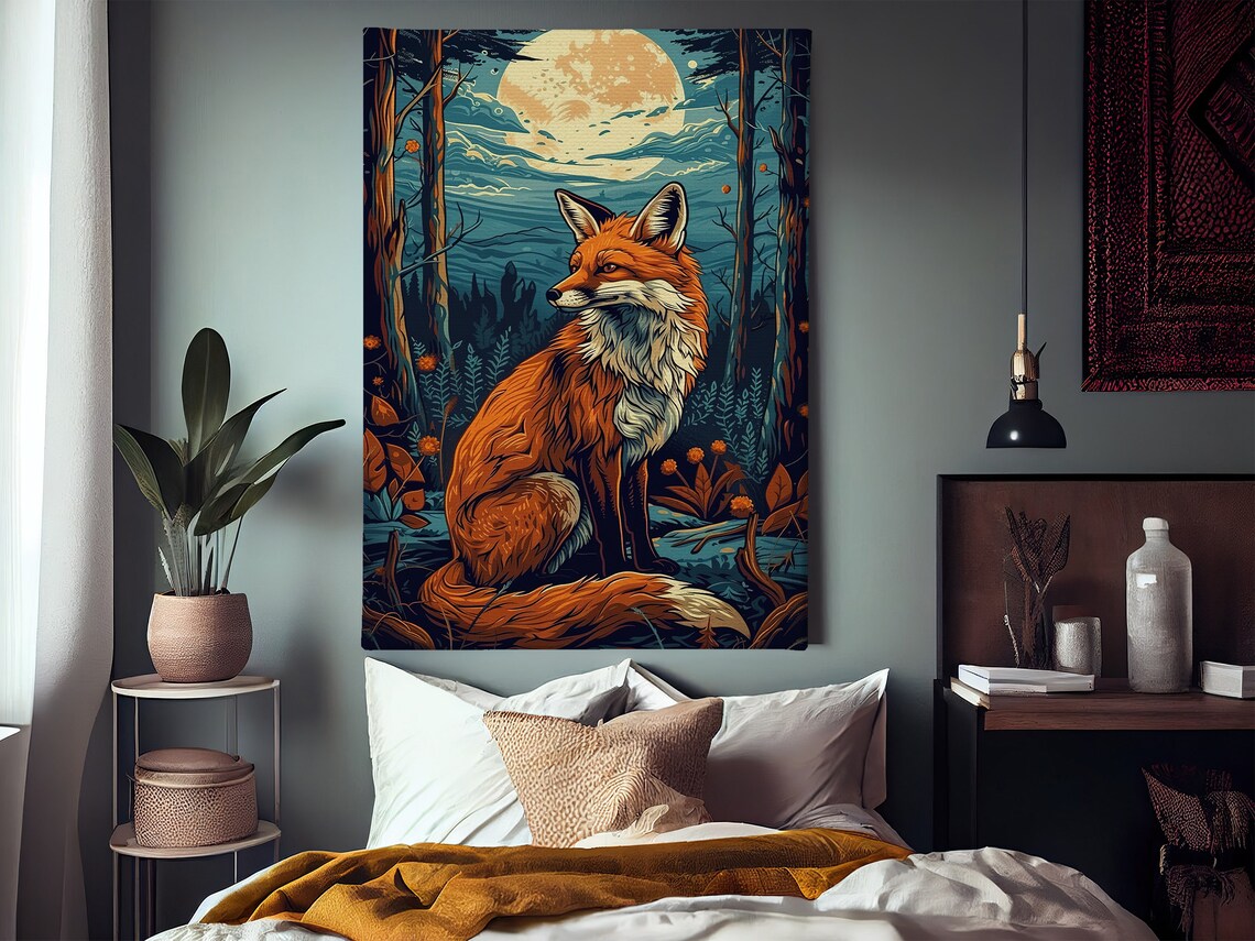 Red Fox Sitting In Moonlit Forest Full Moon Stylized Illustration Wall Poster - Image 4