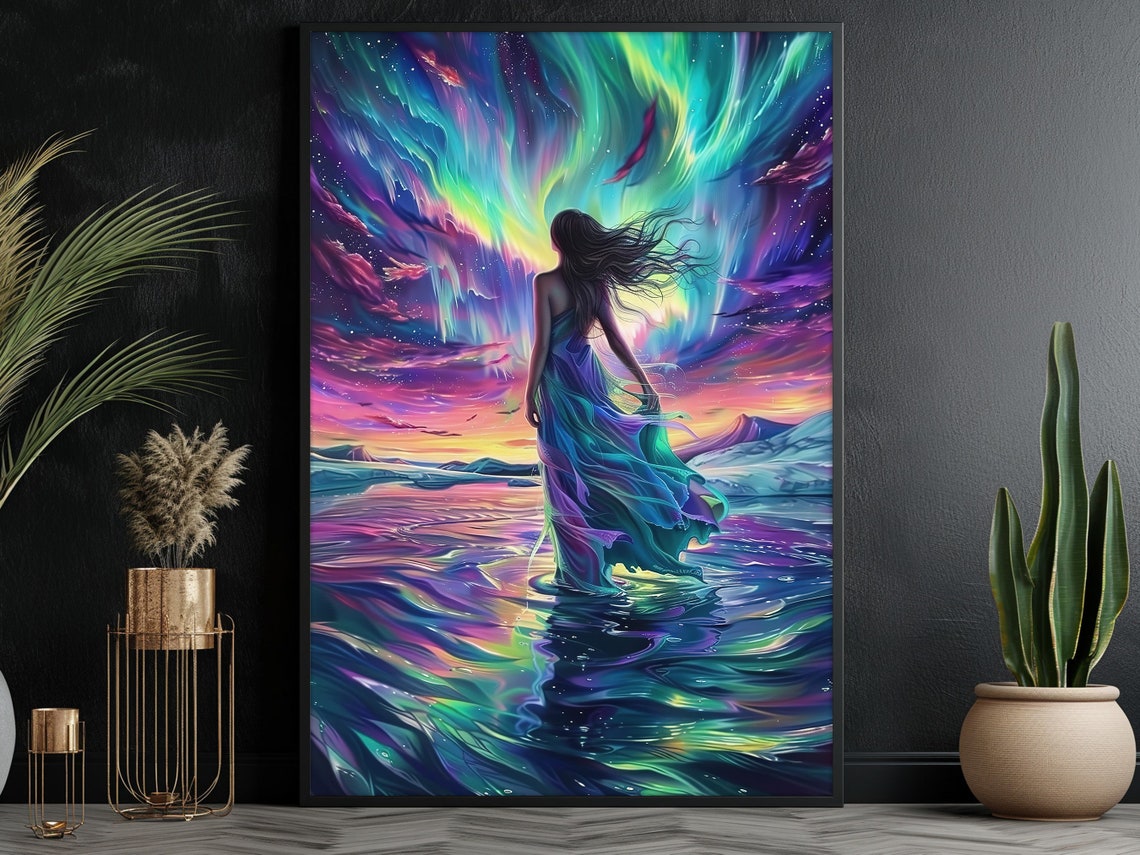 Beautiful Woman In Northern Light Oil Painting Aurora Woman Print Peaceful Woman Print Aurora Poster Print - Image 3