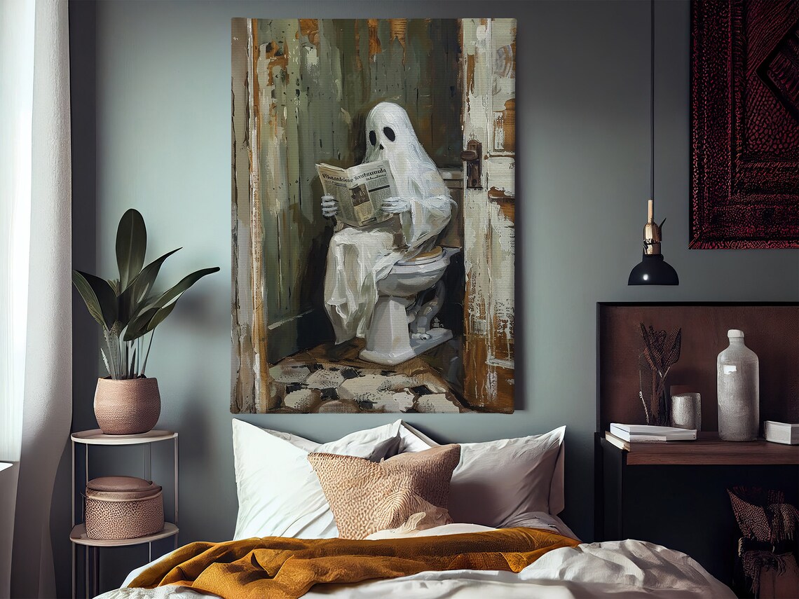 Funny Ghost Reading Newspaper On Toilet Vintage Halloween Bathroom Poster - Image 2