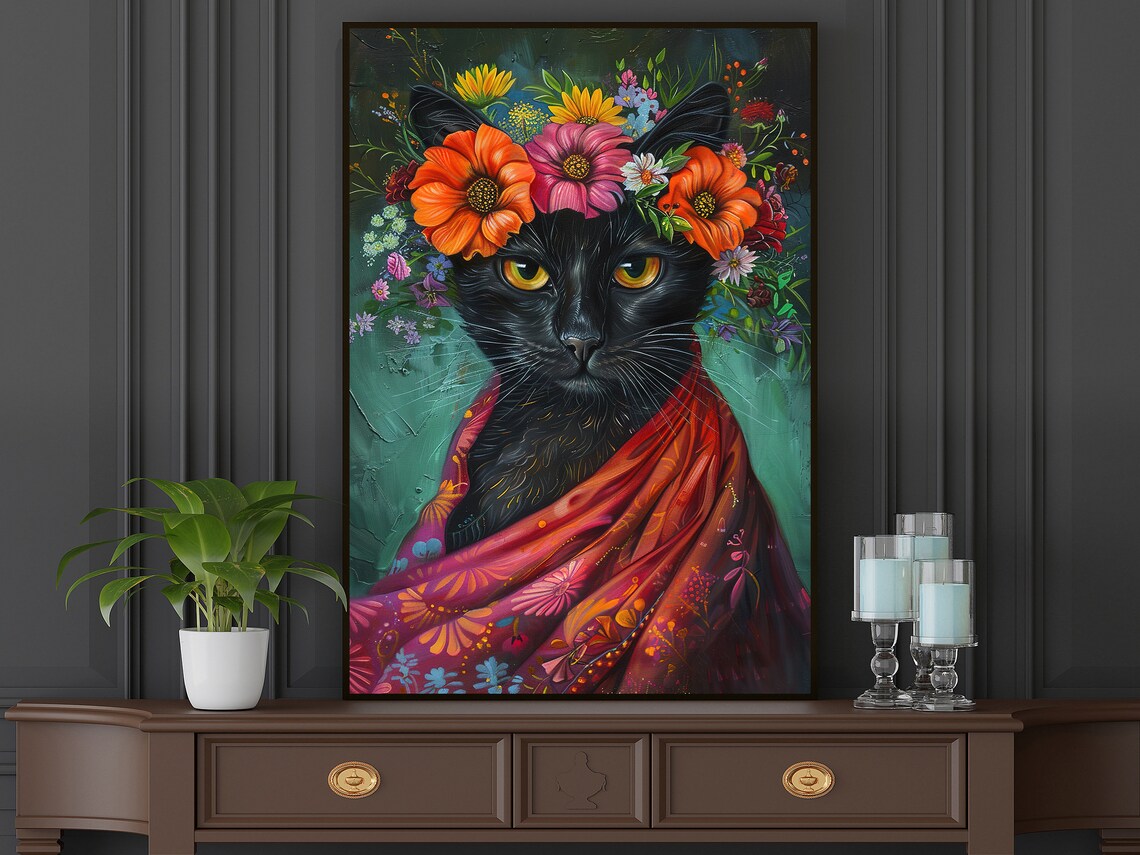 Black Cat Flower Crown Maximalist Colorful Floral Portrait Whimsical Art Poster - Image 5
