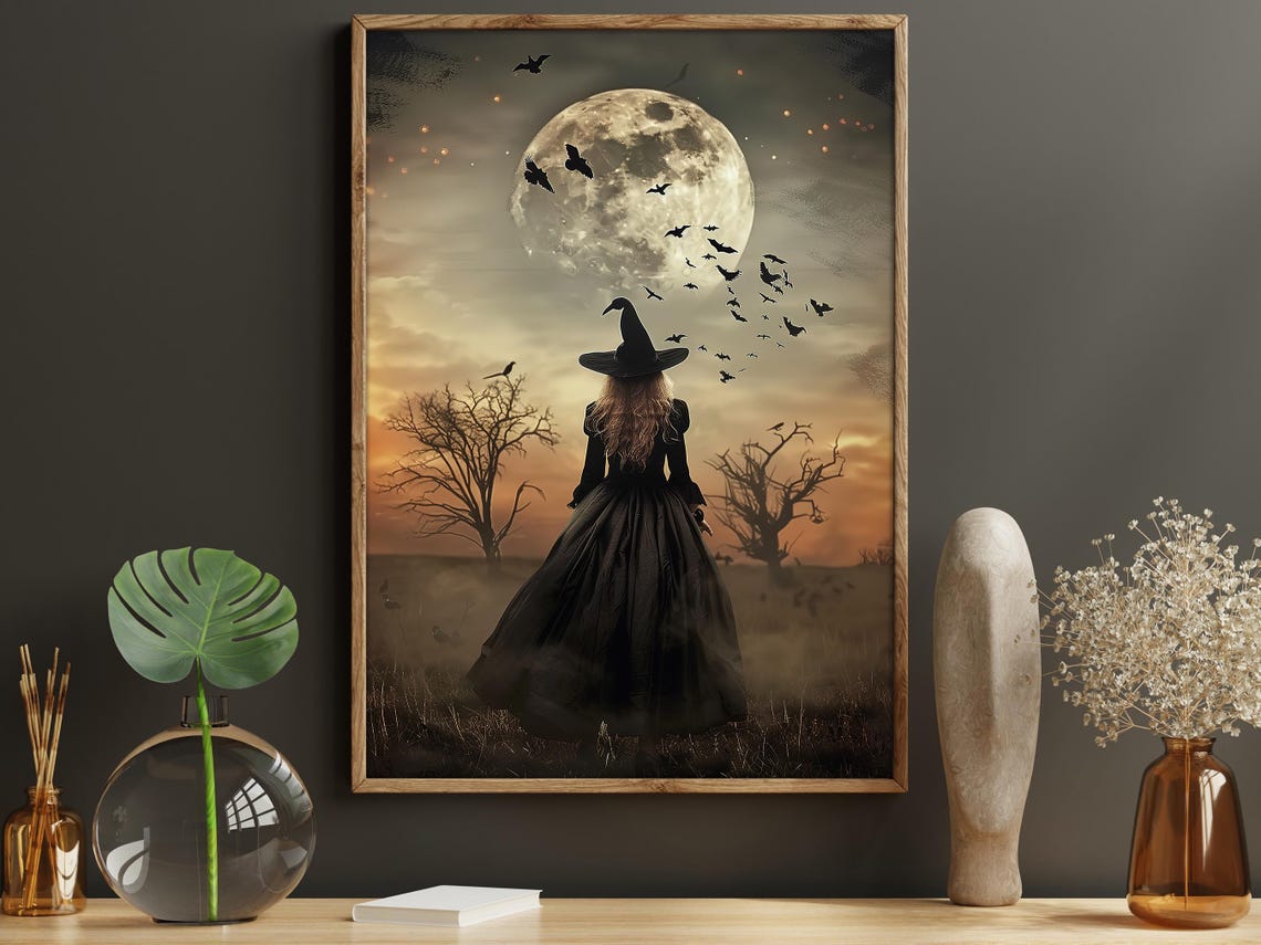 Witch In Field Under Full Moon With Bats Spooky Halloween Art Print
