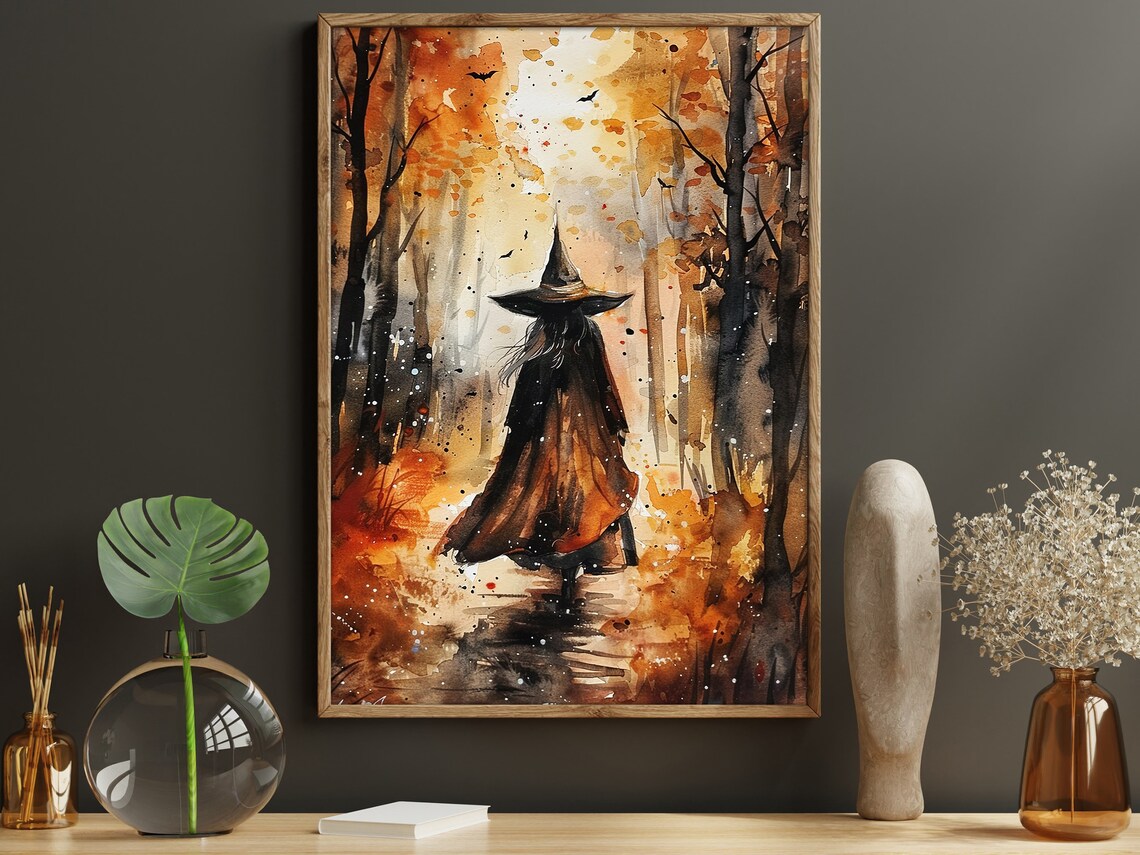 Witch Autumn Forest Watercolor Walking Woods Fall Leaves Halloween Art Poster