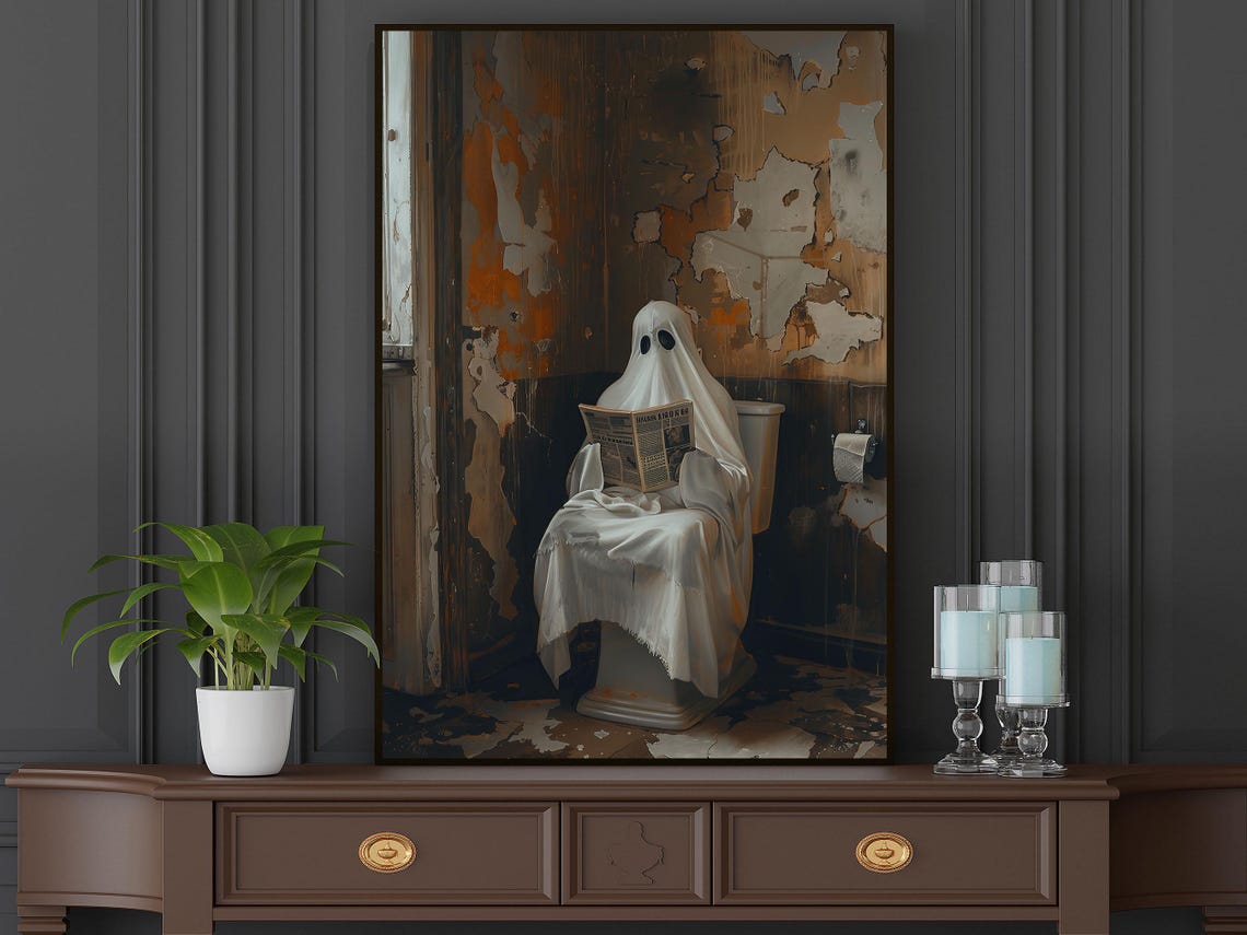 Funny Ghost Reading Newspaper on Toilet in Old Bathroom Art Poster - Image 5