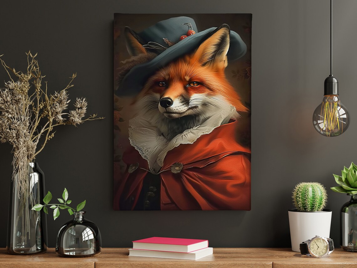 Fox Gentleman In Red Coat Hat With Cherries Vintage Portrait Wall Poster - Image 3