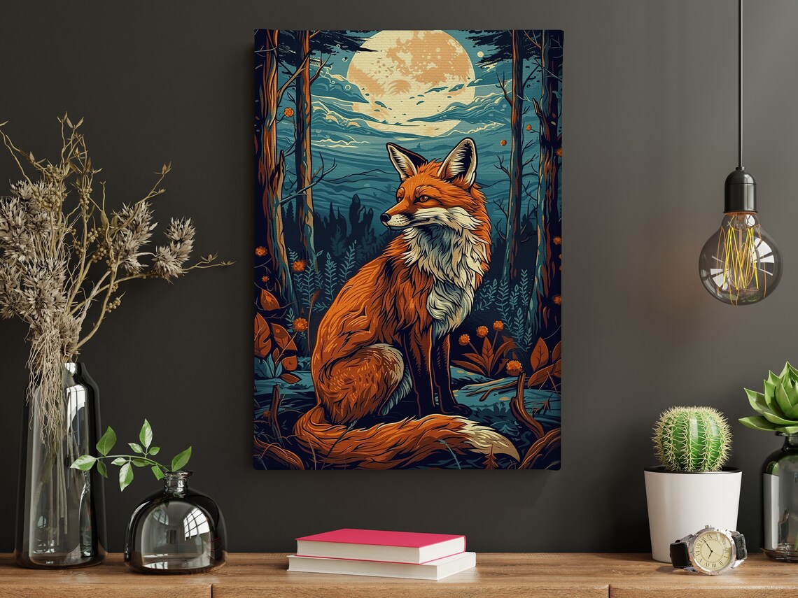 Red Fox Sitting In Moonlit Forest Full Moon Stylized Illustration Wall Poster - Image 5