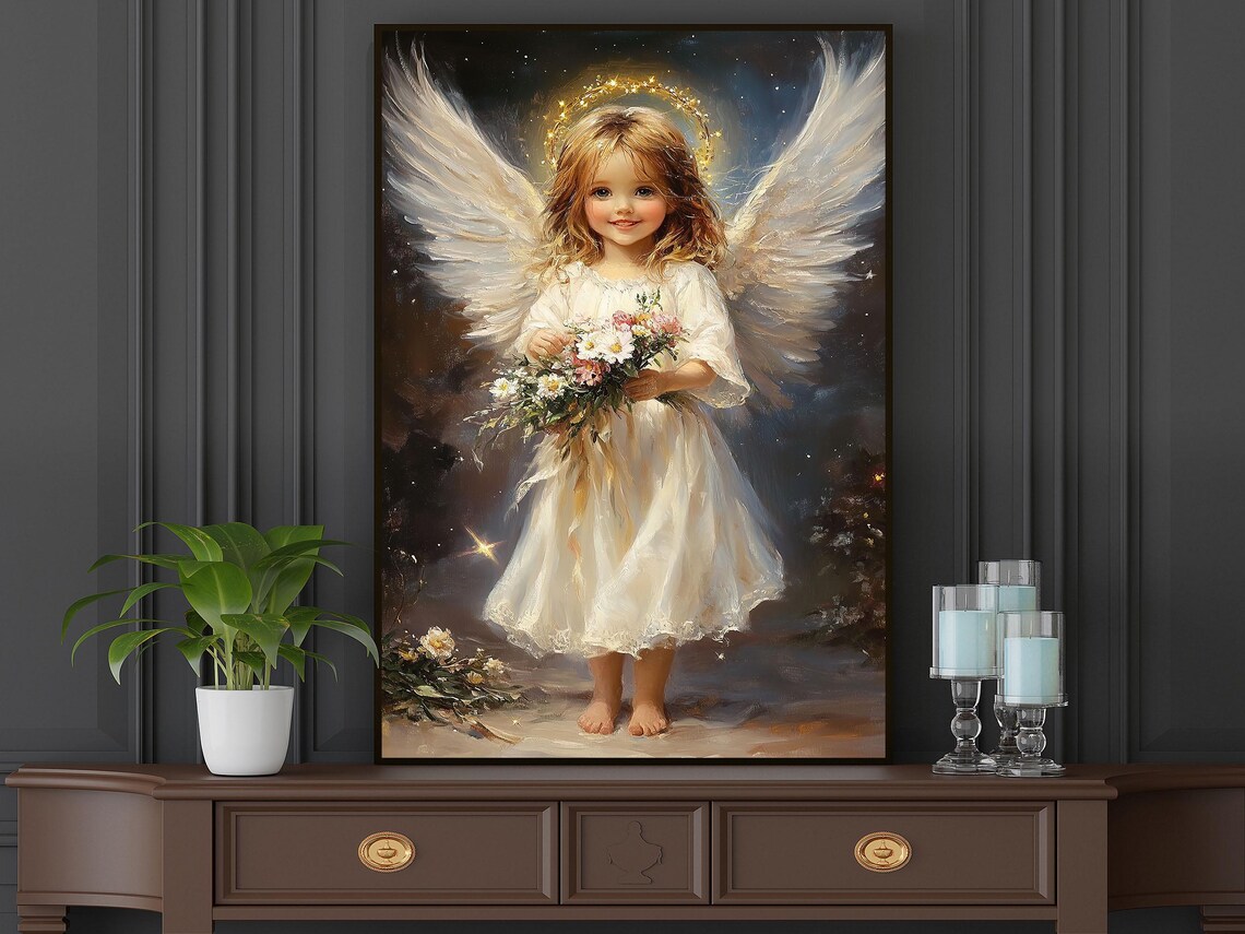 Little Angel Girl With Golden Halo Holding Flower Bouquet Night Poster - Image 4