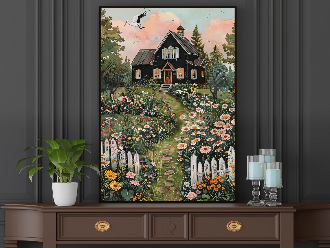 Cottage Garden Black House Picket Fence Flower Path Art Poster - Image 4