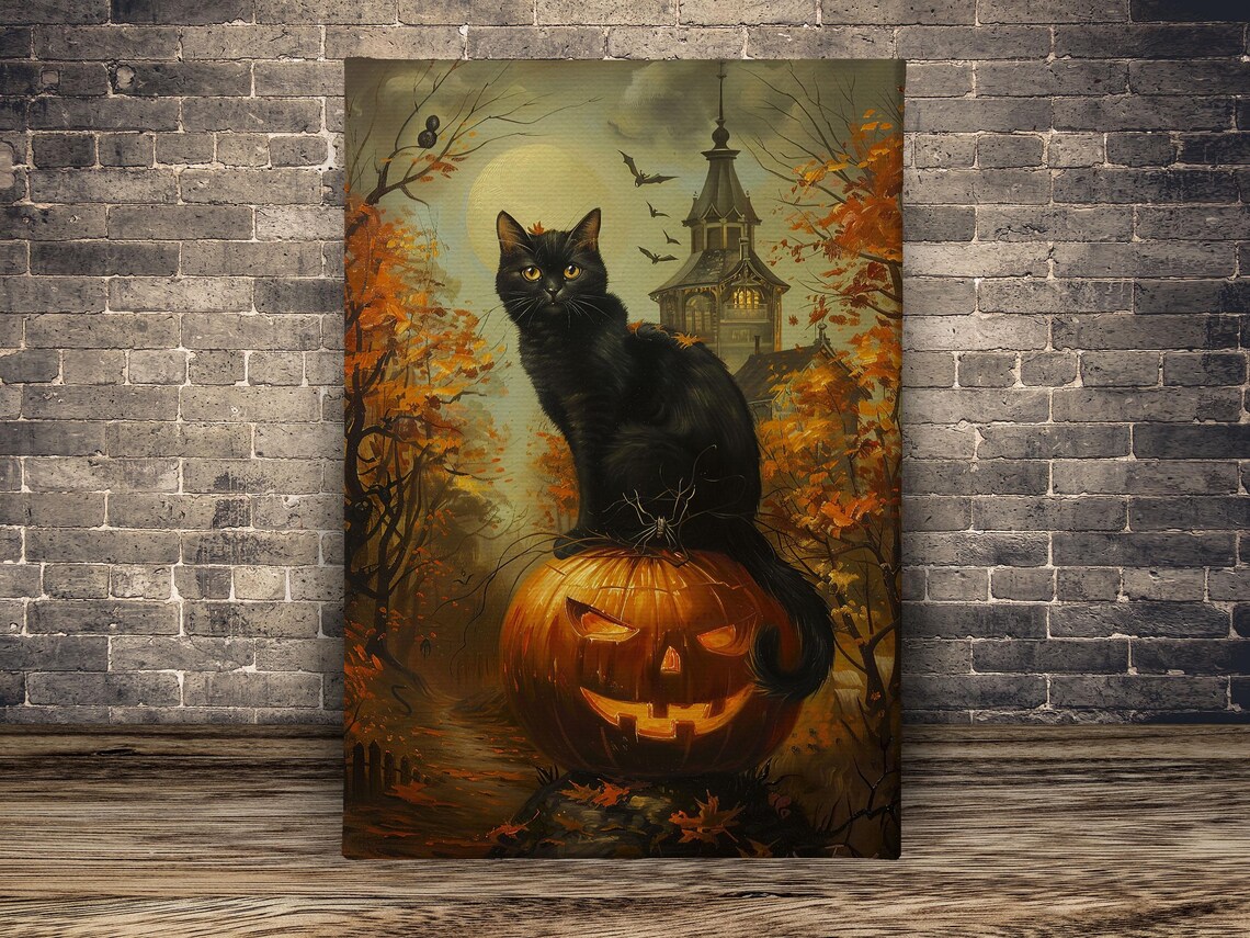 Vintage Black Cat and Pumpkin Halloween Poster - Image 2