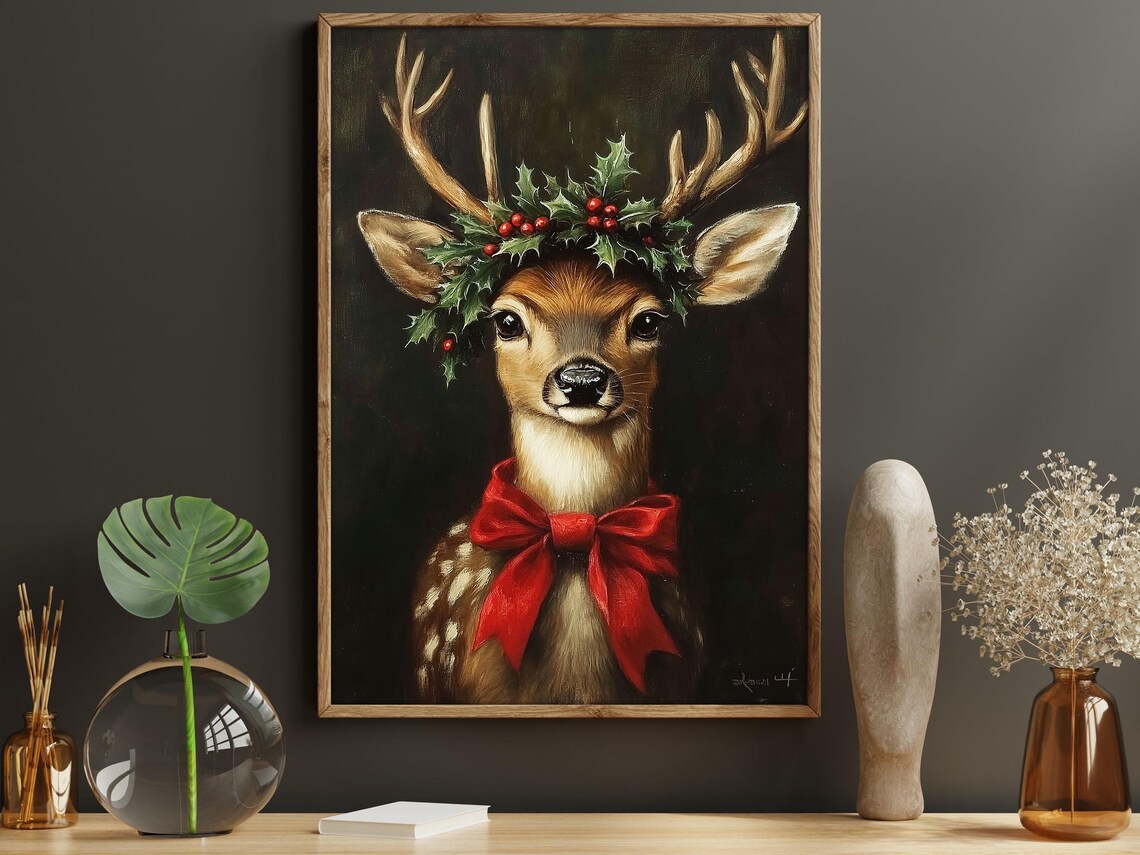 Vintage Christmas Reindeer Painting, Christmas Poster Print - Image 6
