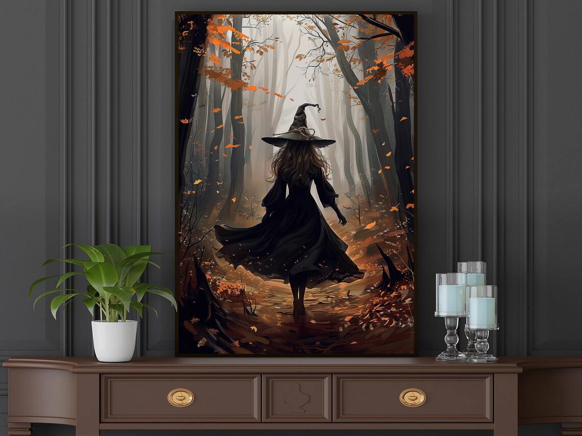 Vintage Young Witch In The Forest Halloween Art Print - Image 4