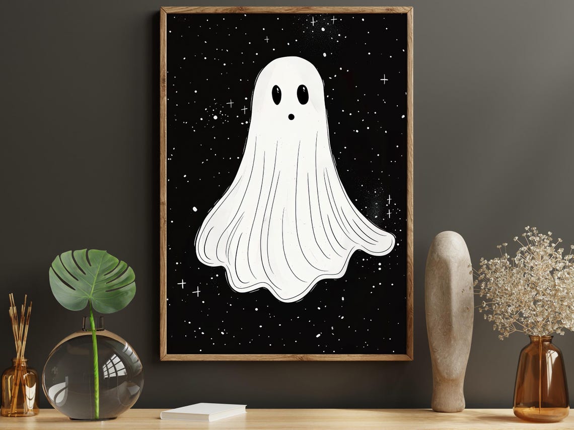 Minimalist Cute White Ghost on Black Starry Night Sky Art Poster - Image 5