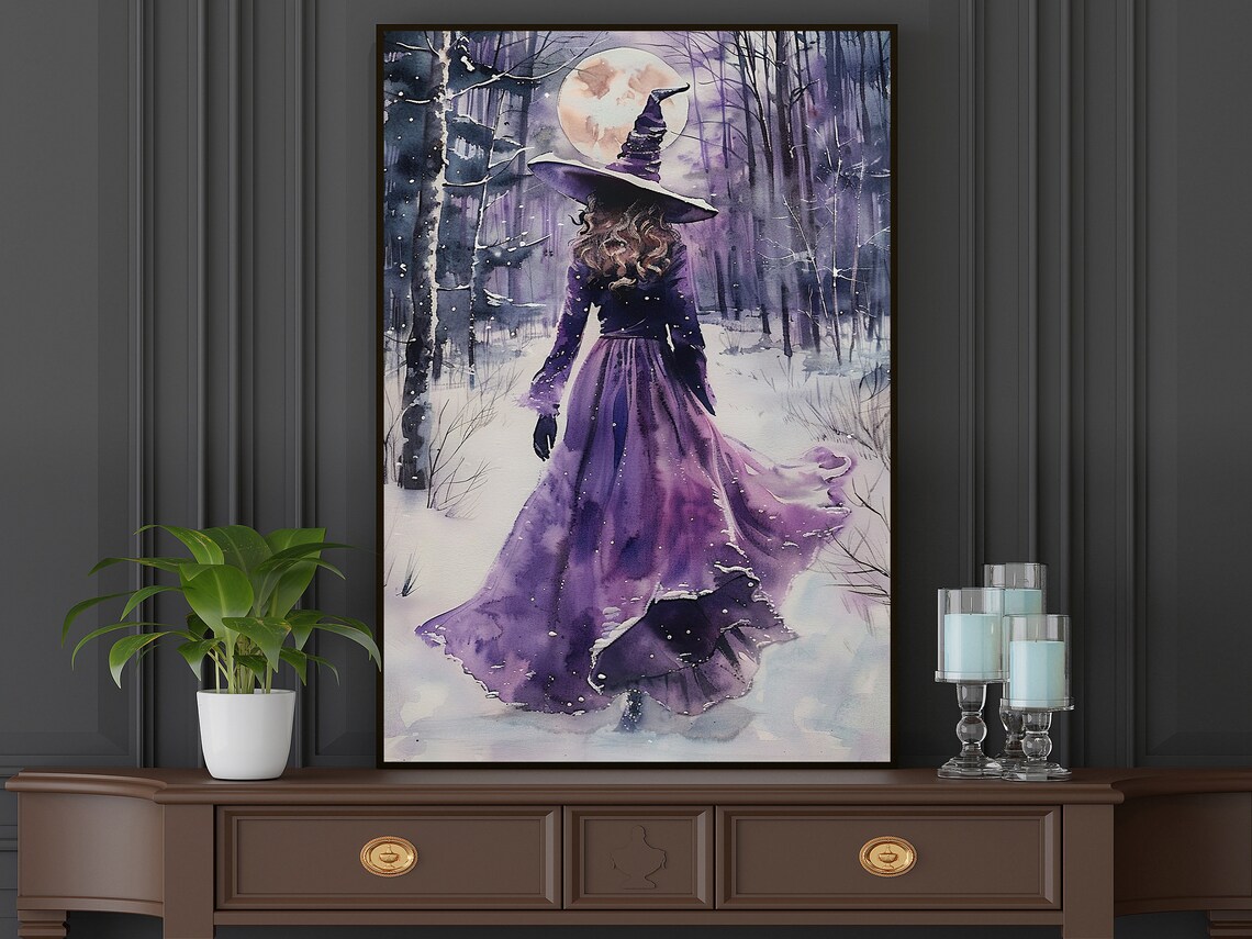 Young Witch in Winter Forest Oil Painting Print - Image 5