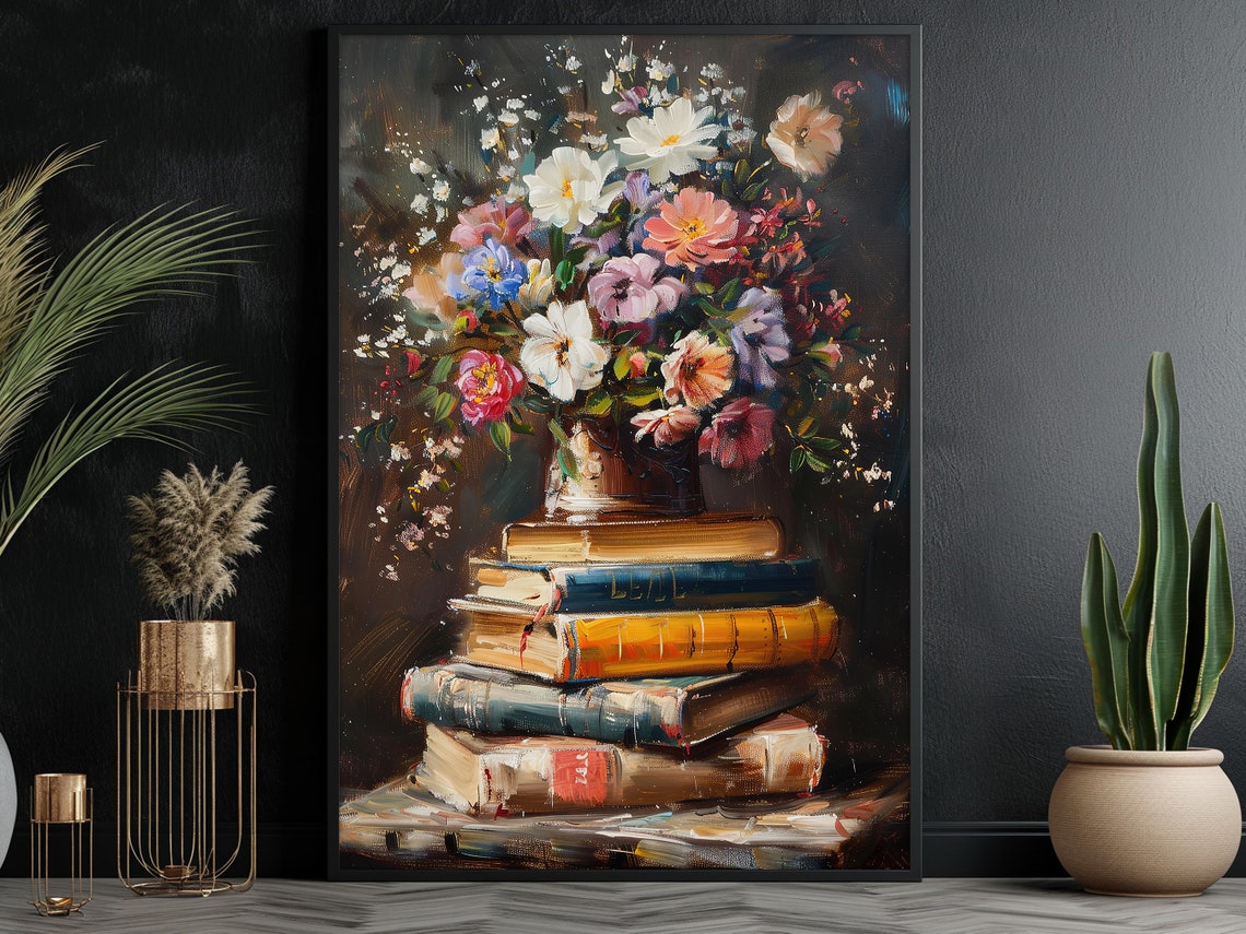 Vintage Flowers Vase And Books Oil Painting Flowers Vase Print Cottage Flowers Flowers Poster Flowers Wall Art - Image 3