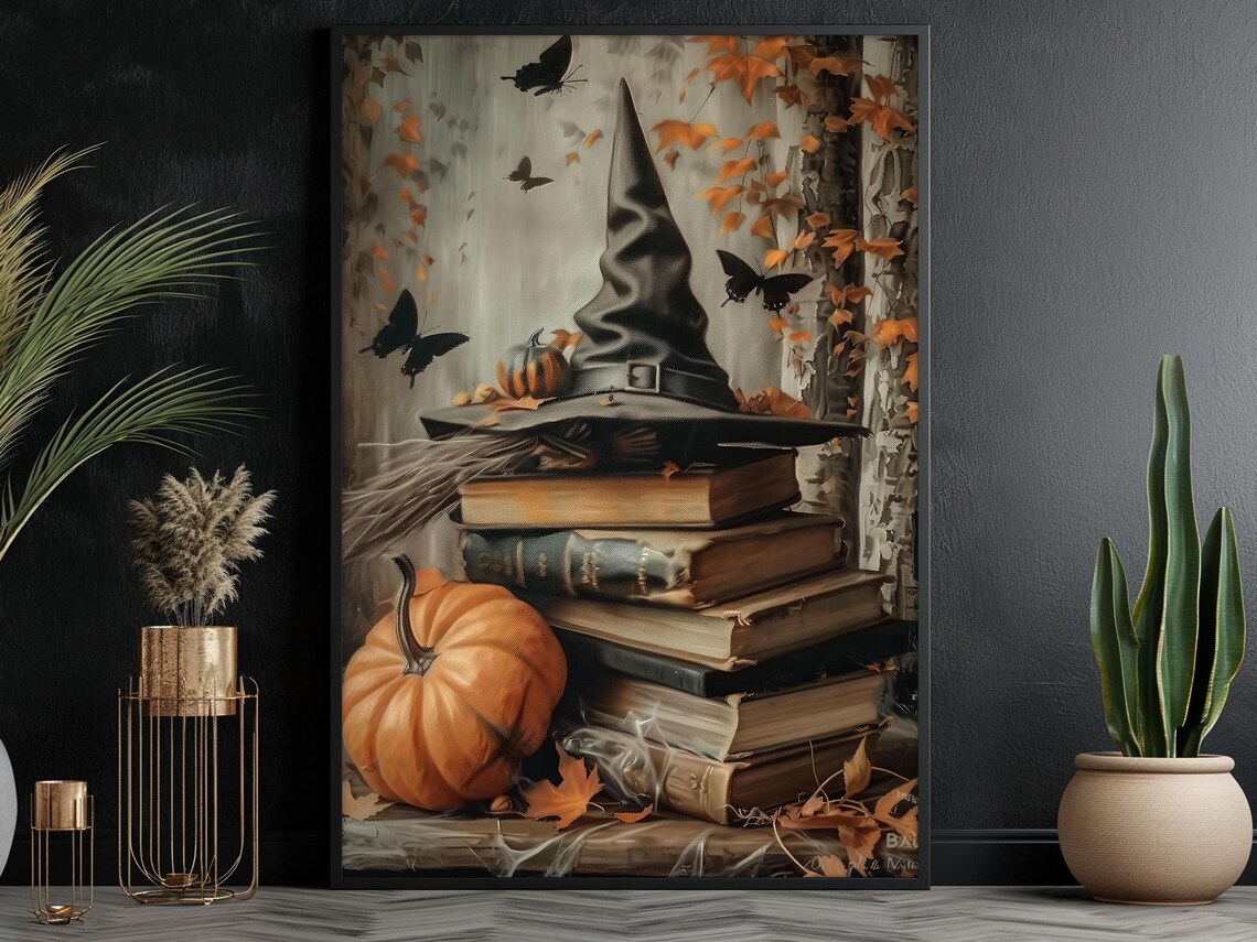 Vintage Witchy Hat and Magic Books, Halloween Poster