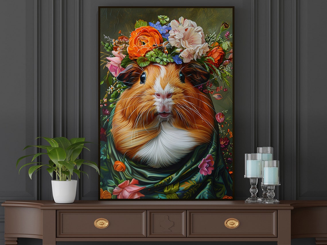 Guinea Pig Flower Crown Floral Shawl Cute Pet Portrait Art Poster - Image 5