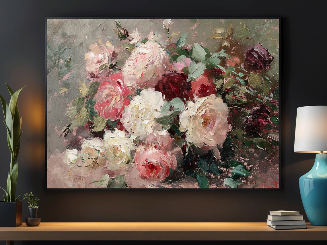 Vintage Roses Oil Painting Flowers Art Print Cottage Roses Flowers Garden Poster Flowers Wall Art