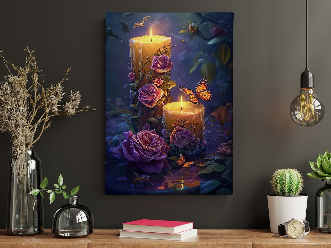 Glowing Candles With Roses And Monarch Butterflies Night Garden Poster - Image 4