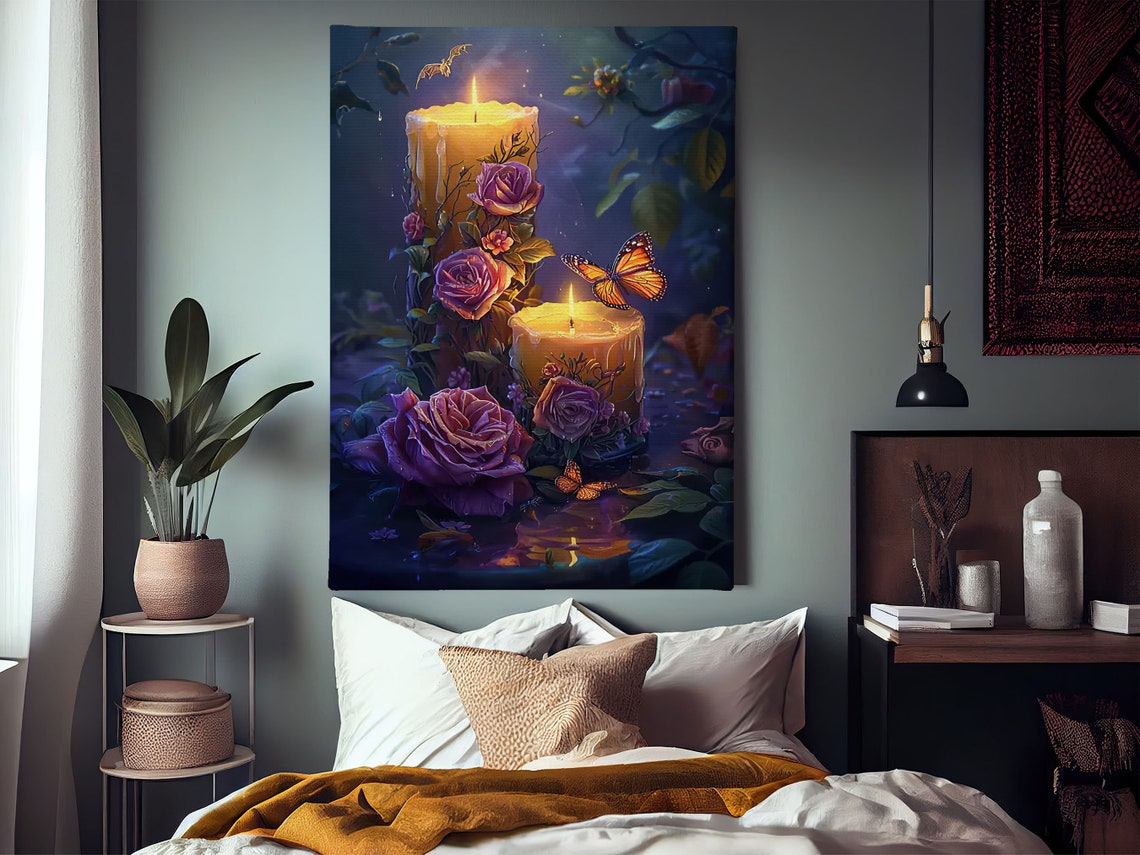 Glowing Candles With Roses And Monarch Butterflies Night Garden Poster - Image 3