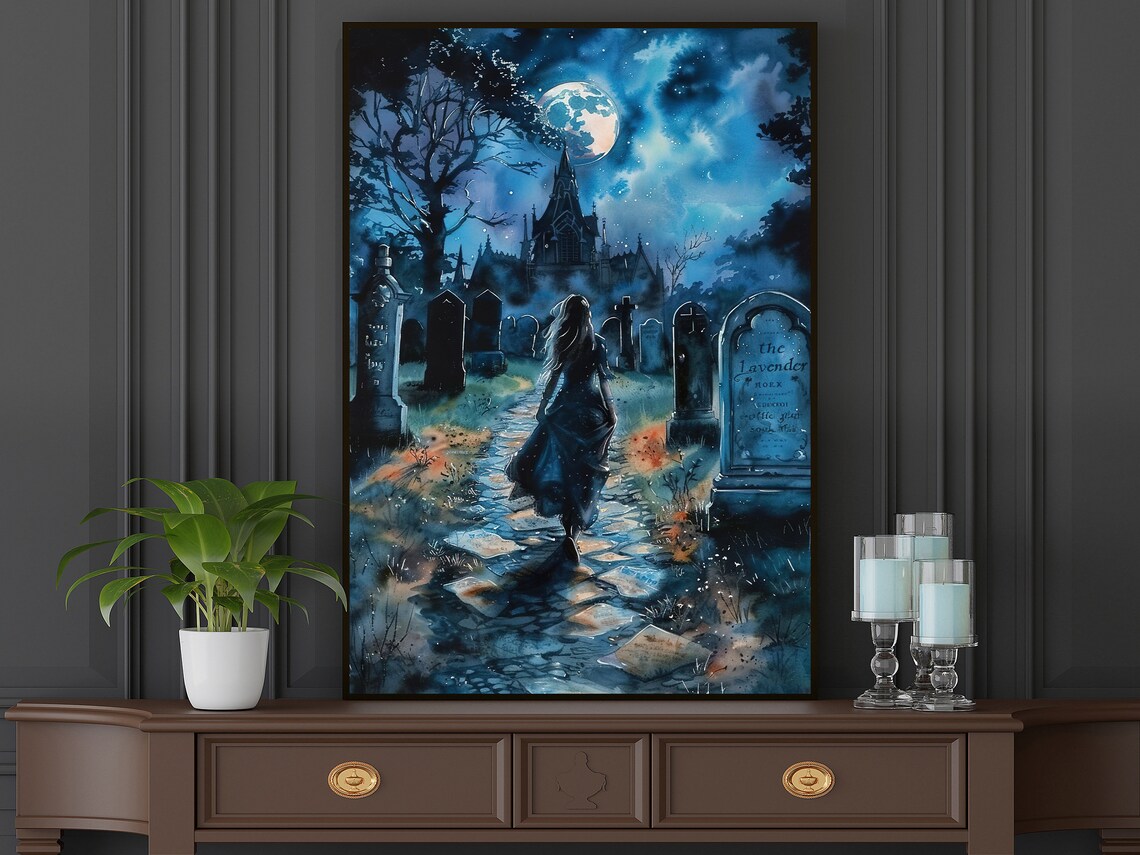 Moonlit Cemetery Witch Gothic Cathedral Blue Night Watercolor Spooky Poster - Image 3