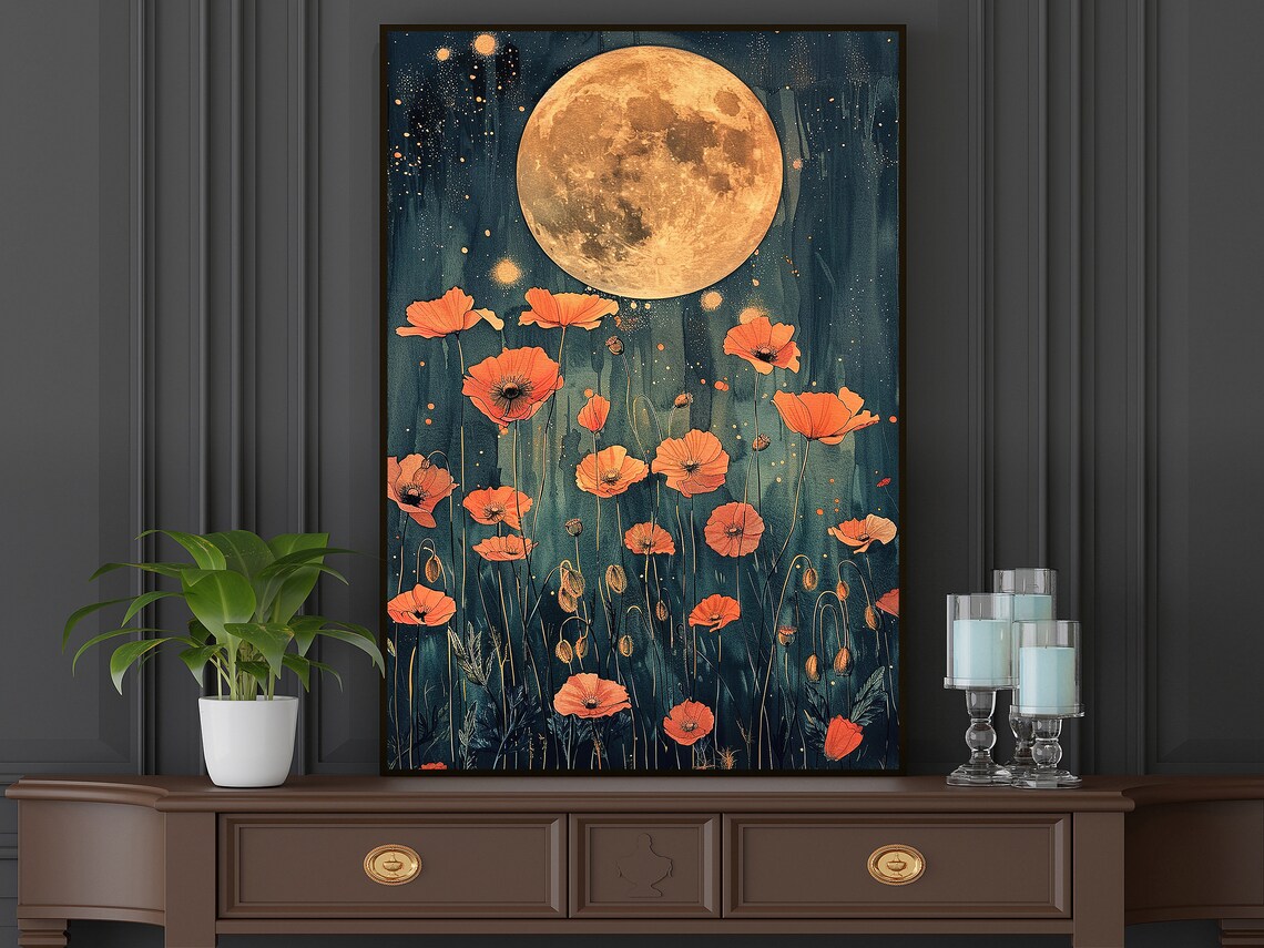 Harvest Moon Over Orange Poppies Dreamy Night Sky Botanical Poster - Image 5
