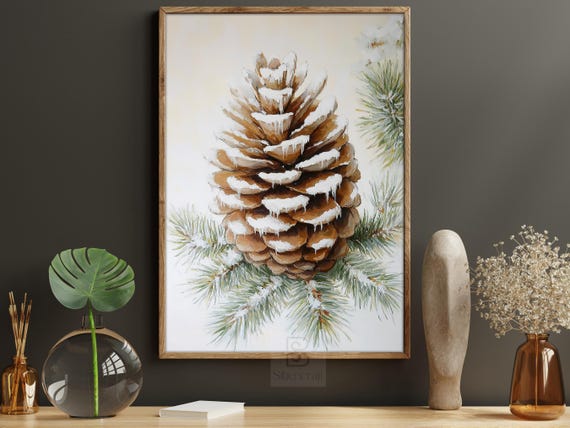 Cottage Pinecone Vintage Christmas Art Print, Winter Decor