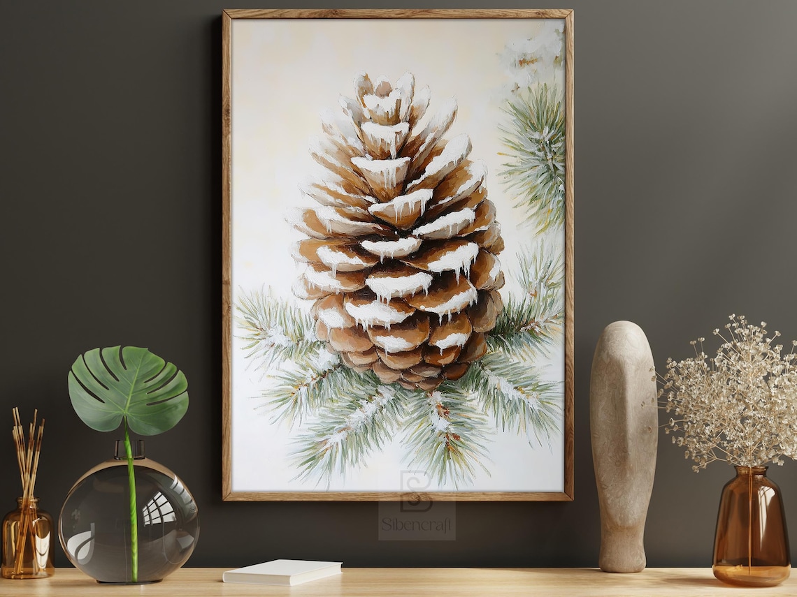 Cottage Pinecone Vintage Christmas Art Print, Winter Decor