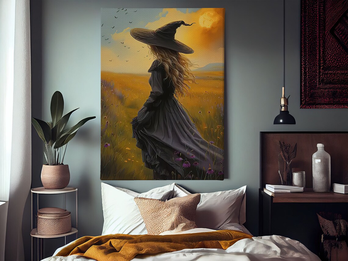 Witch In Golden Wildflower Meadow Sunset Back View Witchy Fantasy Poster - Image 3