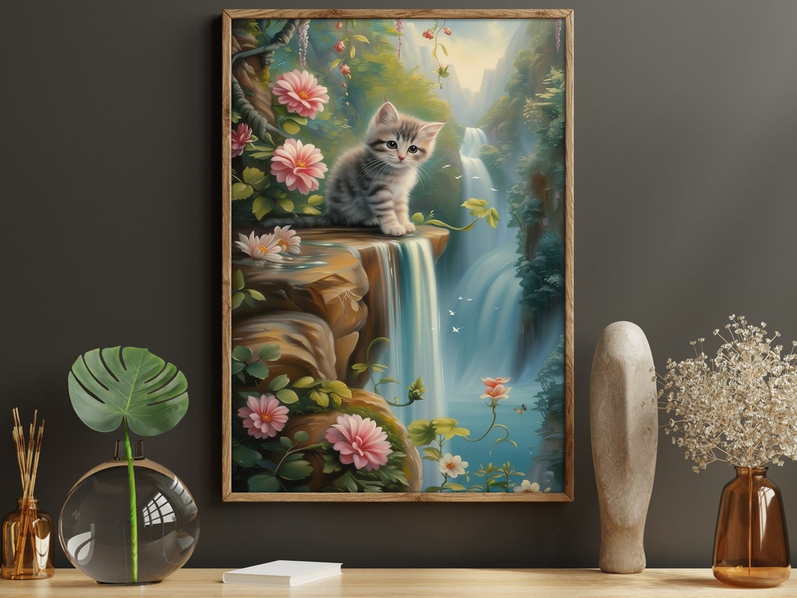 Tiny Kitten At Waterfall Edge In Magical Forest Cat Fantasy Poster - Image 2