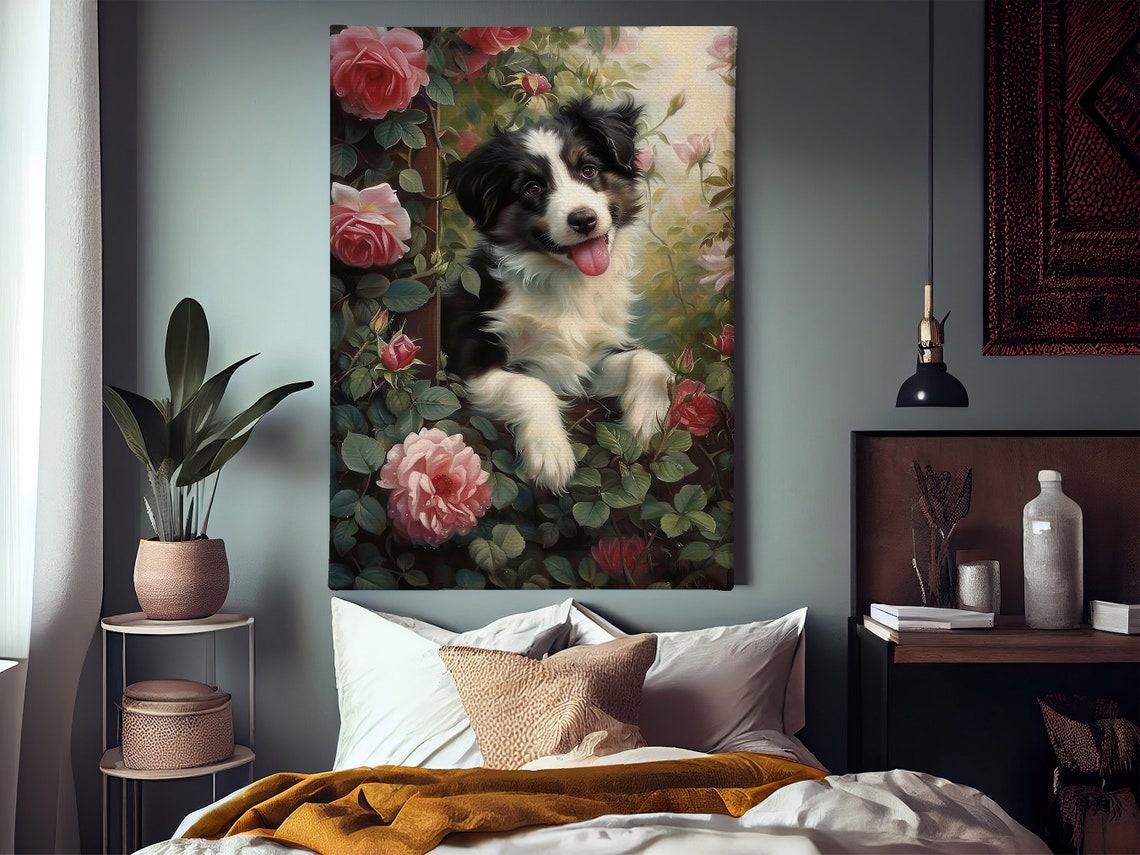 Happy Border Collie Puppy Among Pink Roses Playful Dog Wall Poster - Image 2