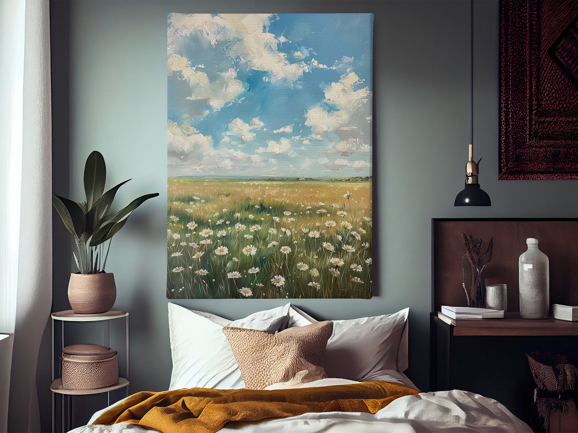 Daisy Field Under Bright Blue Sky With Clouds Spring Meadow Art Poster - Image 2