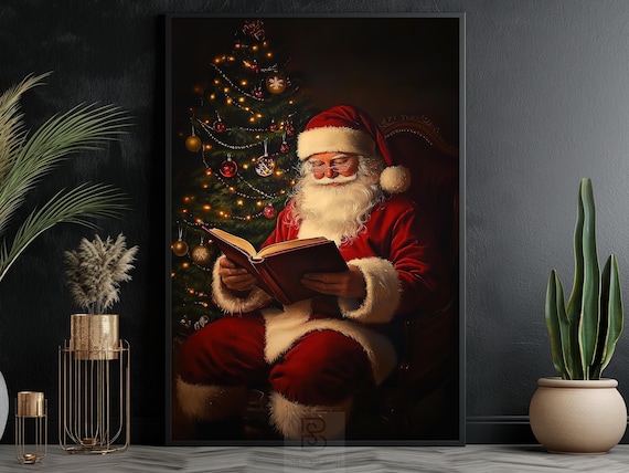 Santa Claus Reading Book In Armchair By Glowing Christmas Tree Night Poster