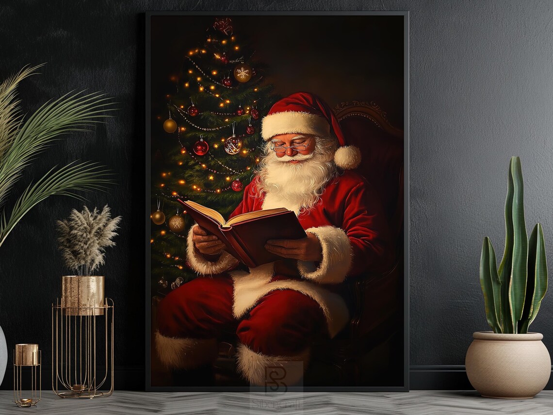 Santa Claus Reading Book In Armchair By Glowing Christmas Tree Night Poster