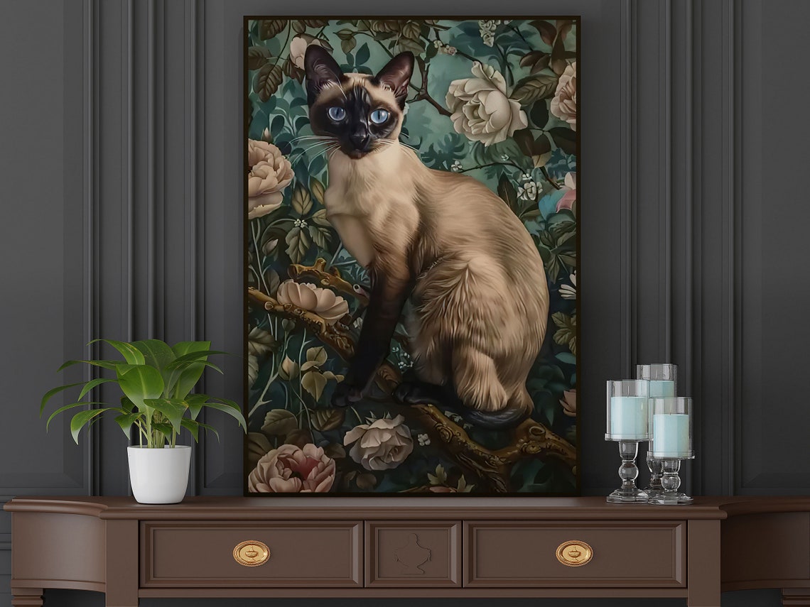 Siamese Cat On Branch Among Roses Dark Floral Pet Portrait Art Poster - Image 5